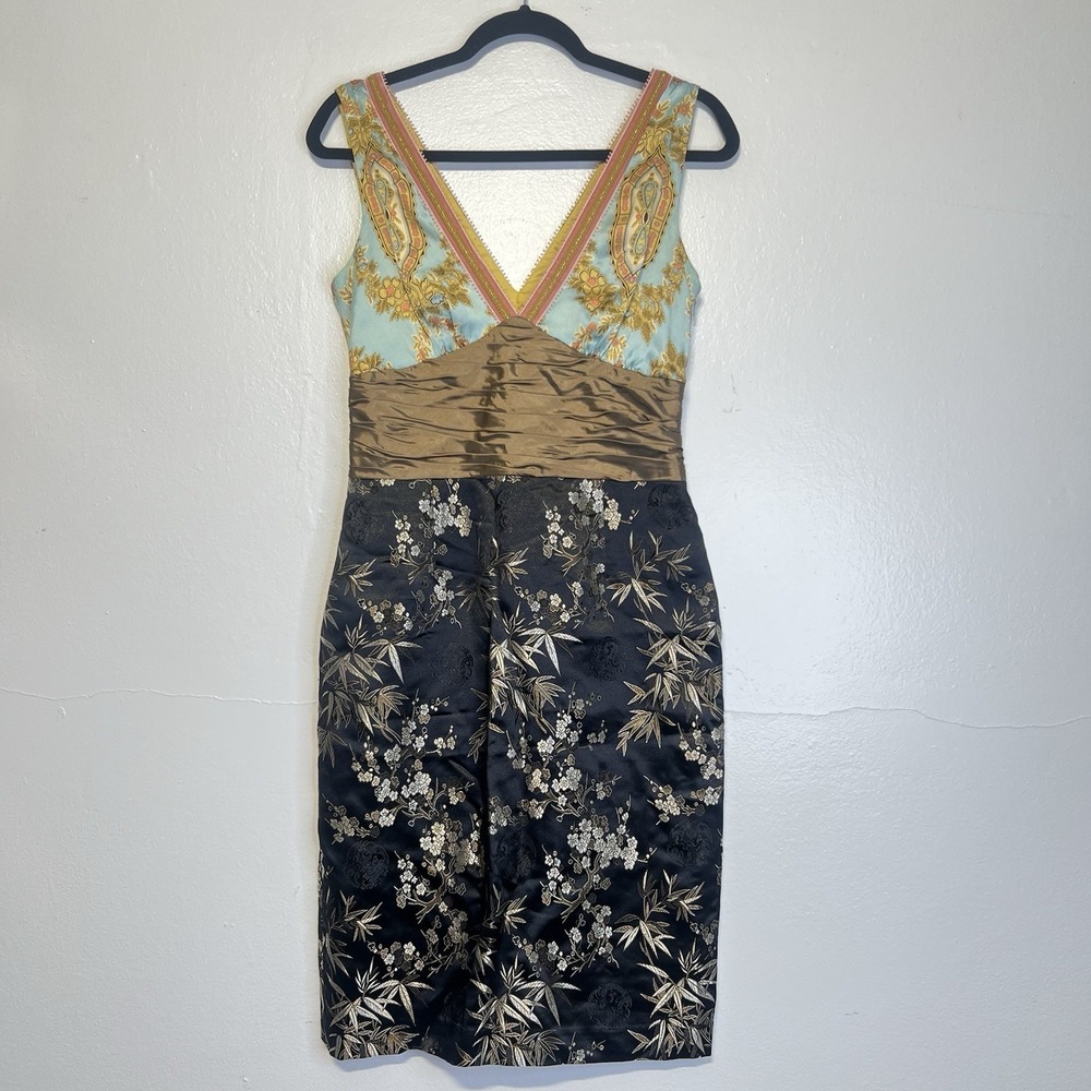 Phoebe Couture‎ Asian Silk Floral Brocade Sheath Cocktail Dress Size 6 V Neck